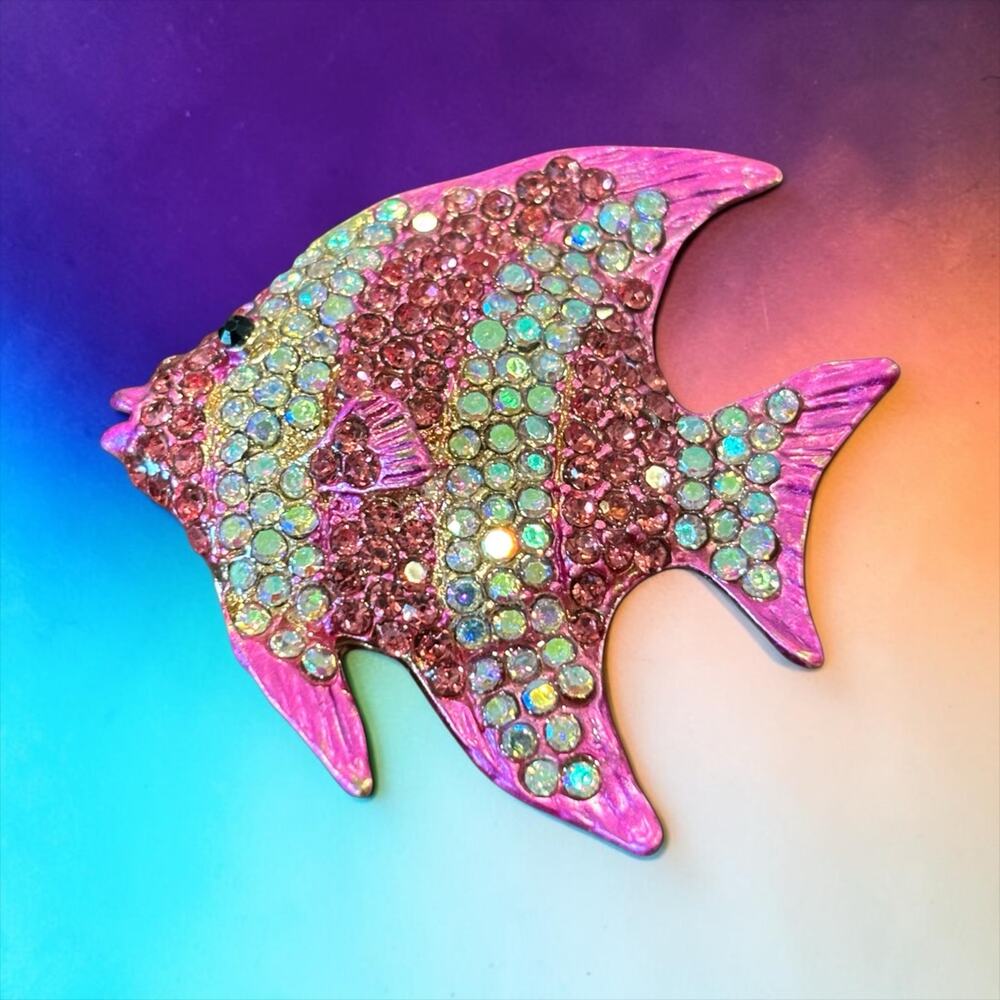 Hot Pink Rhinestone Angelfish Brooch Tropical Mermaidcore Statement Pin
